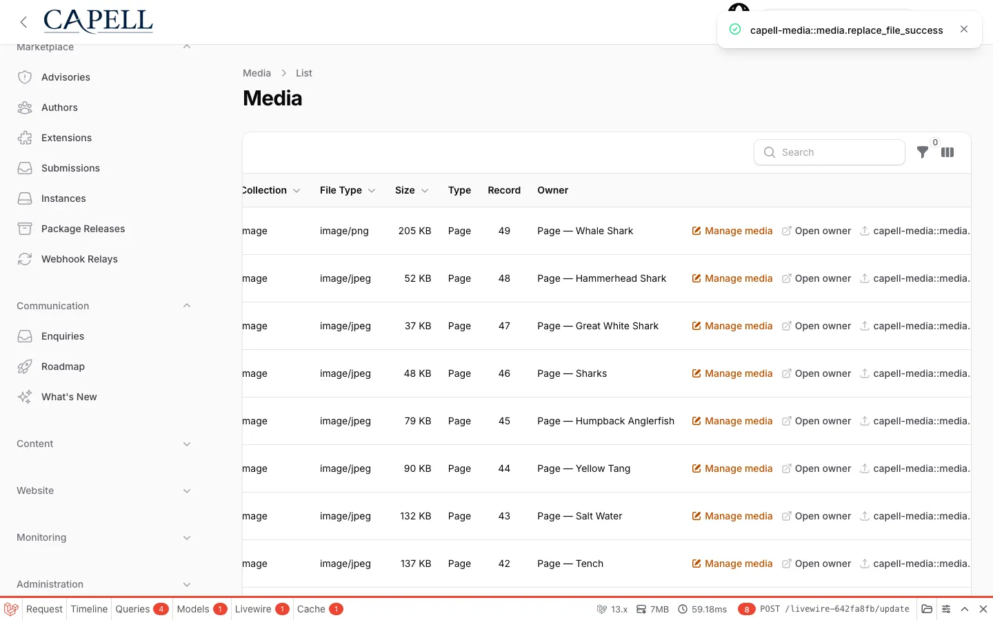 Media list after a successful replacement upload