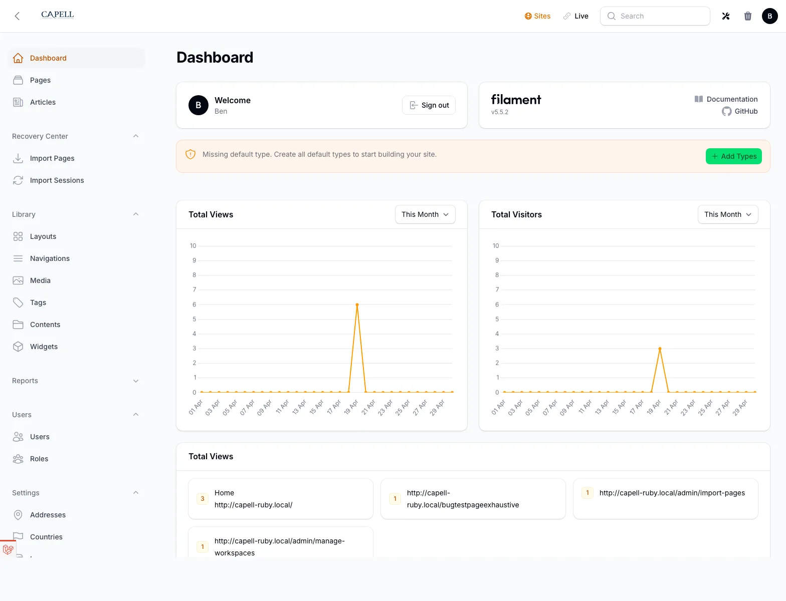 Capell admin dashboard