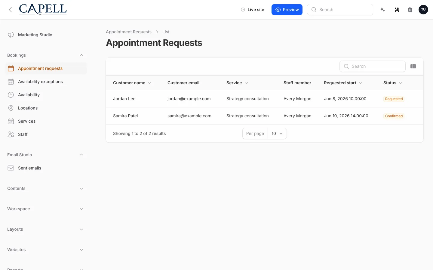 Appointment request admin queue