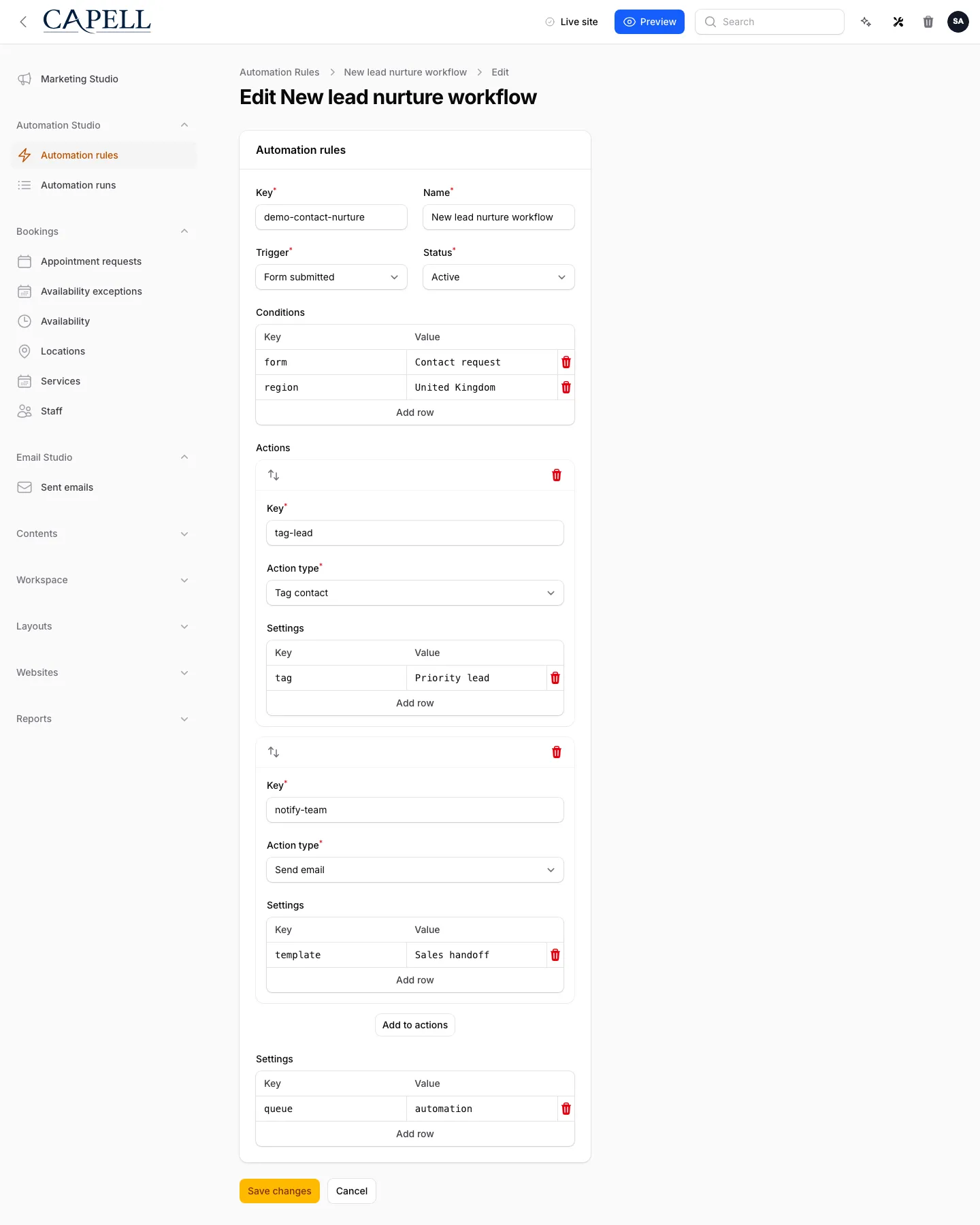 Automation rule edit screen