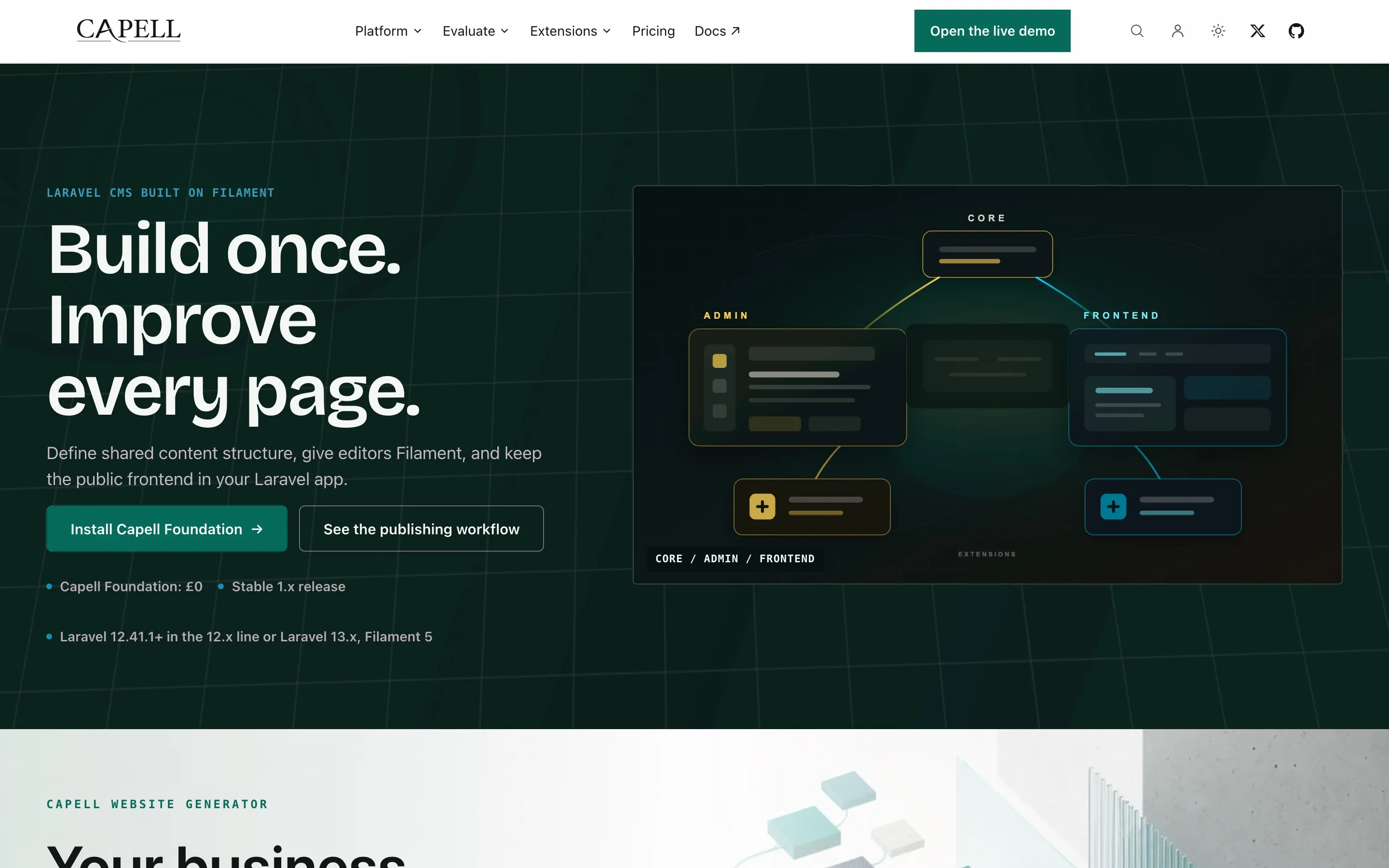 The capell.app public homepage rendered by the Capell frontend