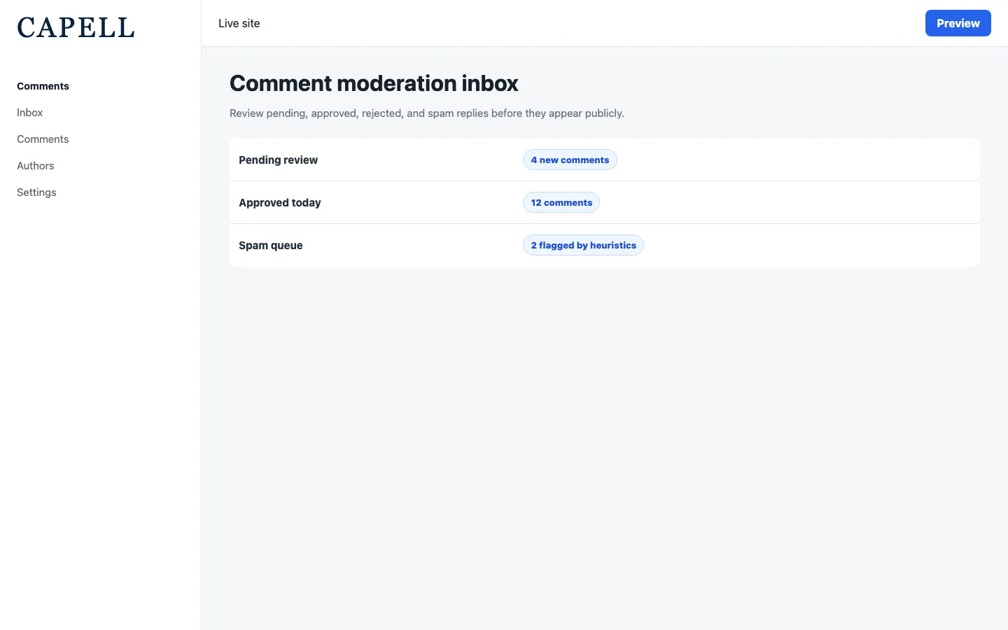 Comment moderation inbox