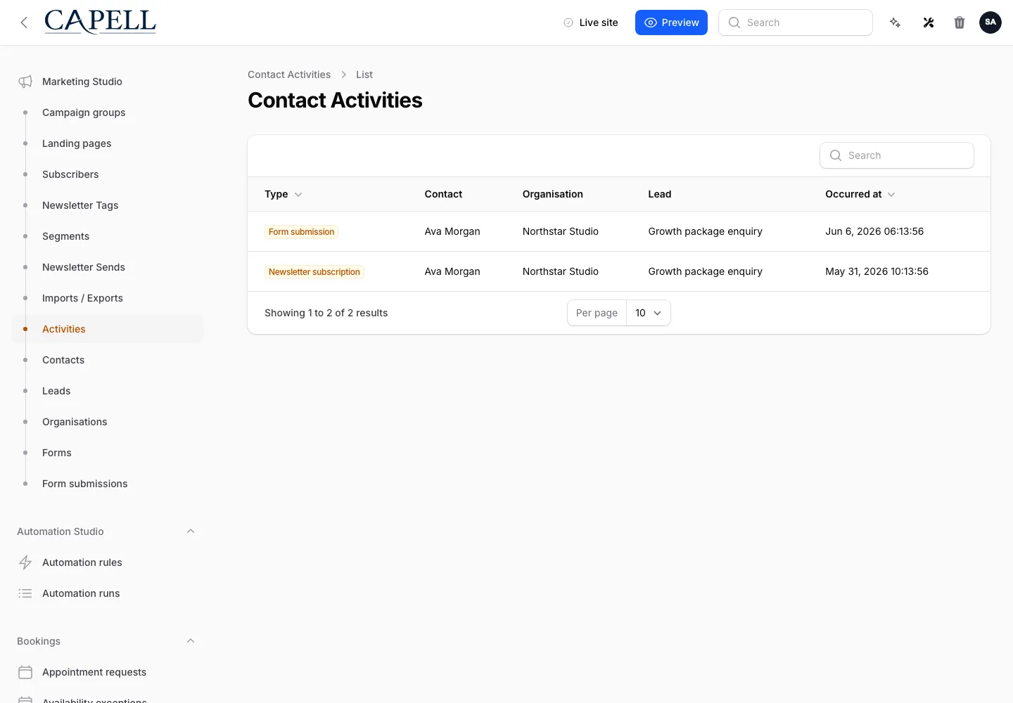 Contact activities admin index
