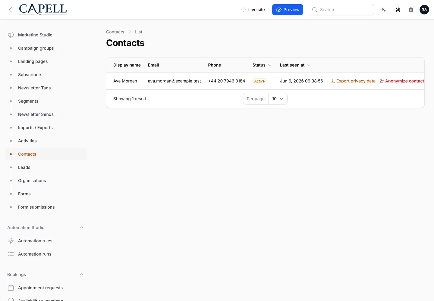 Contacts admin index