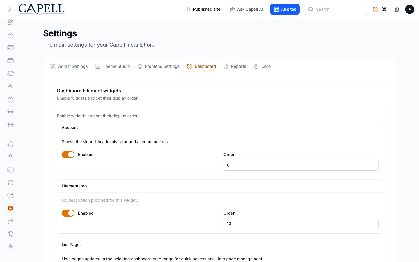 Dashboard report visibility settings