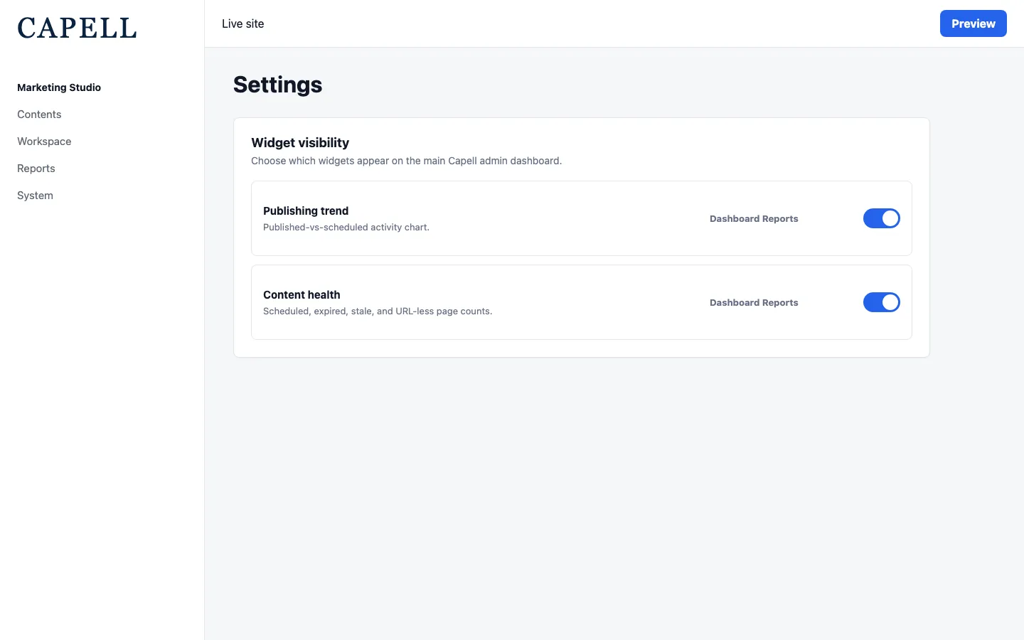 Dashboard report visibility settings