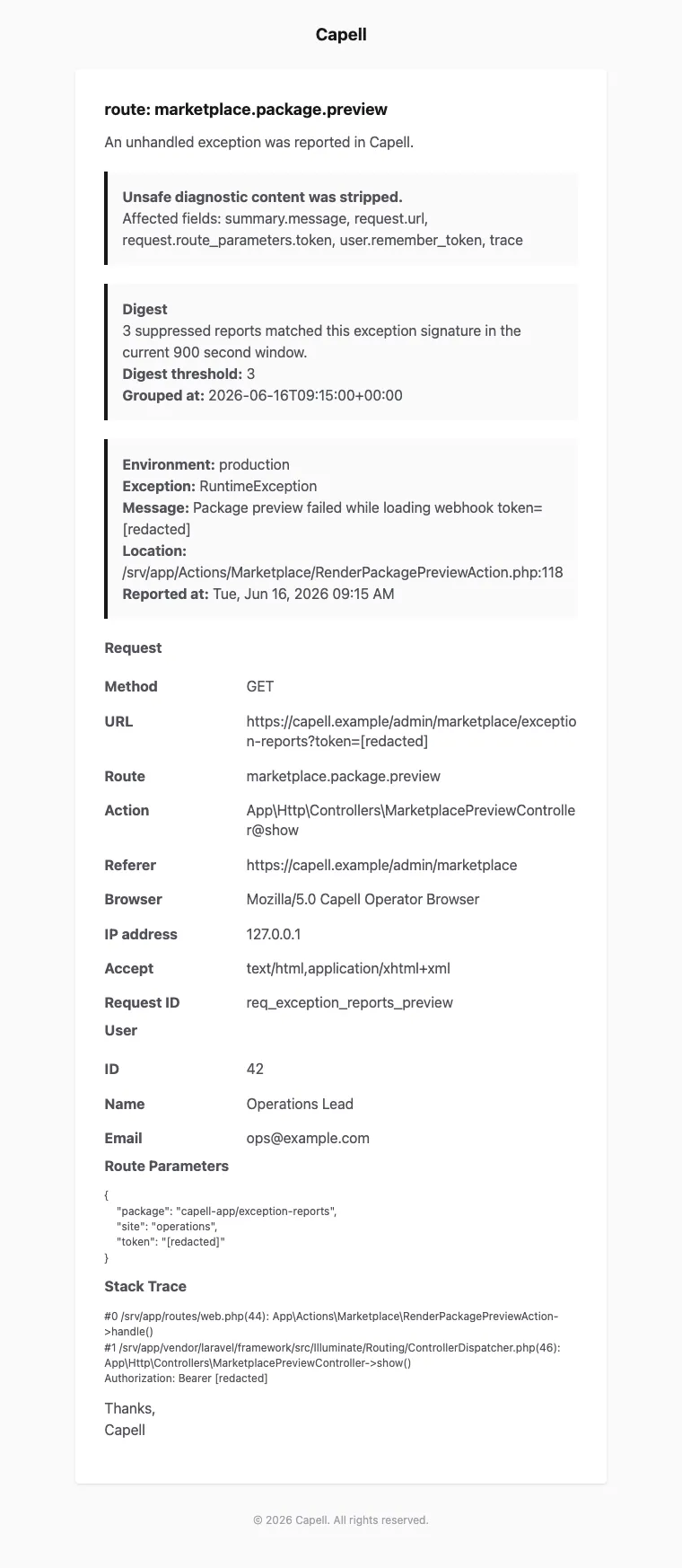Exception Reports rendered email preview