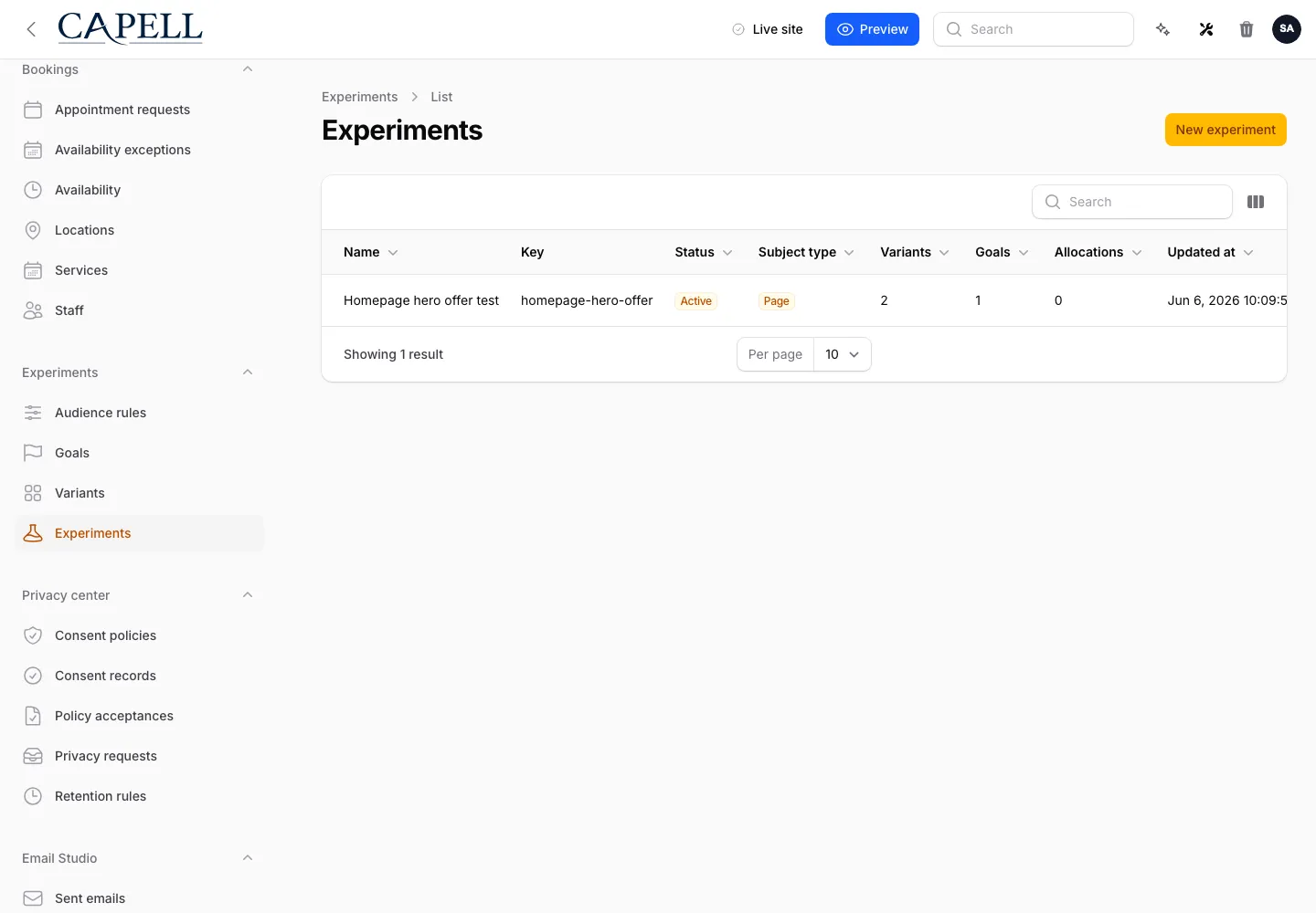 Experiments admin index