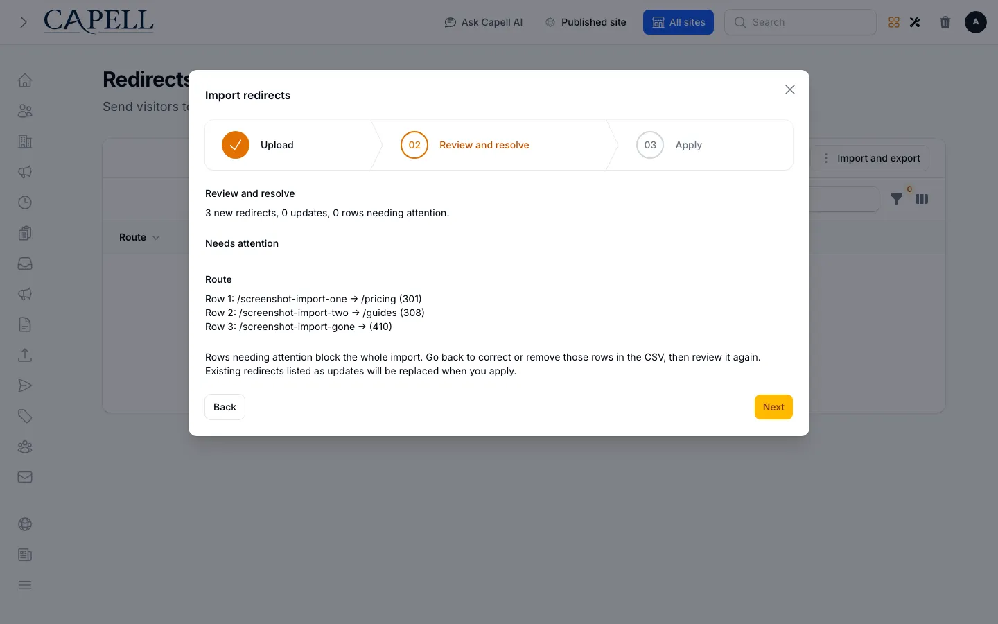 CSV redirect import preview in the installed Filament admin