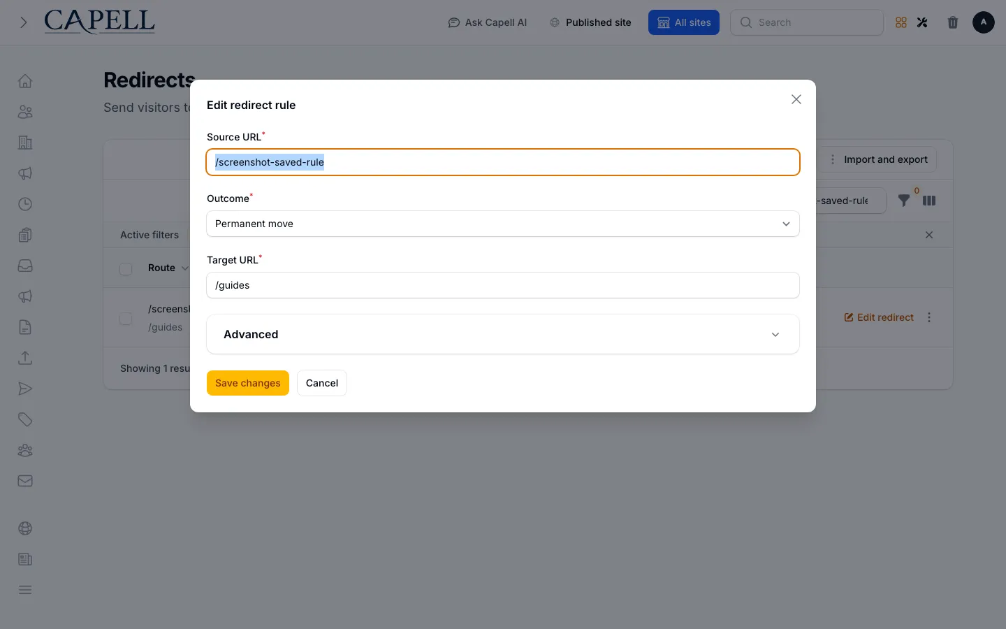 Saved redirect rule in the installed Filament admin