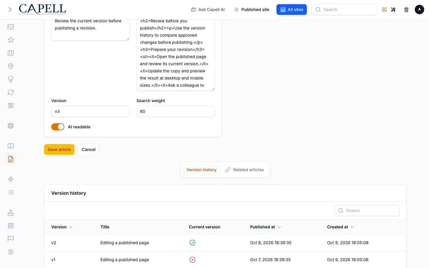 Knowledge Base article edit and version history