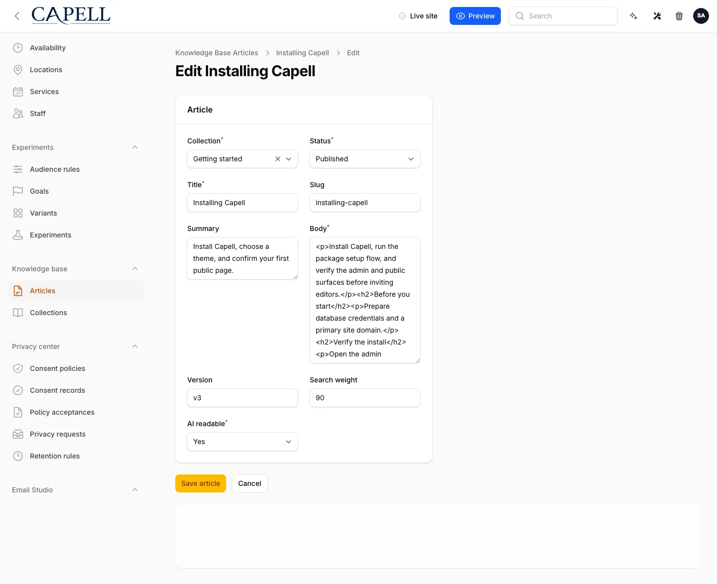 Knowledge Base article edit and version history