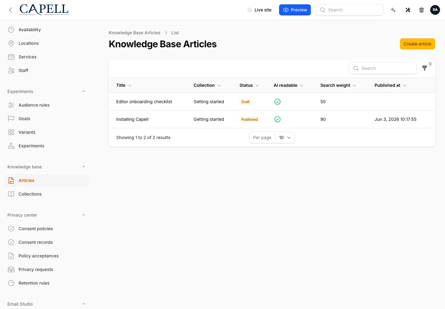 Knowledge Base articles admin index
