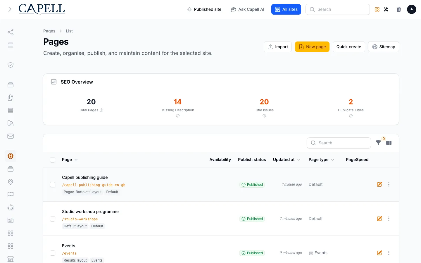 Page resource sitemap action