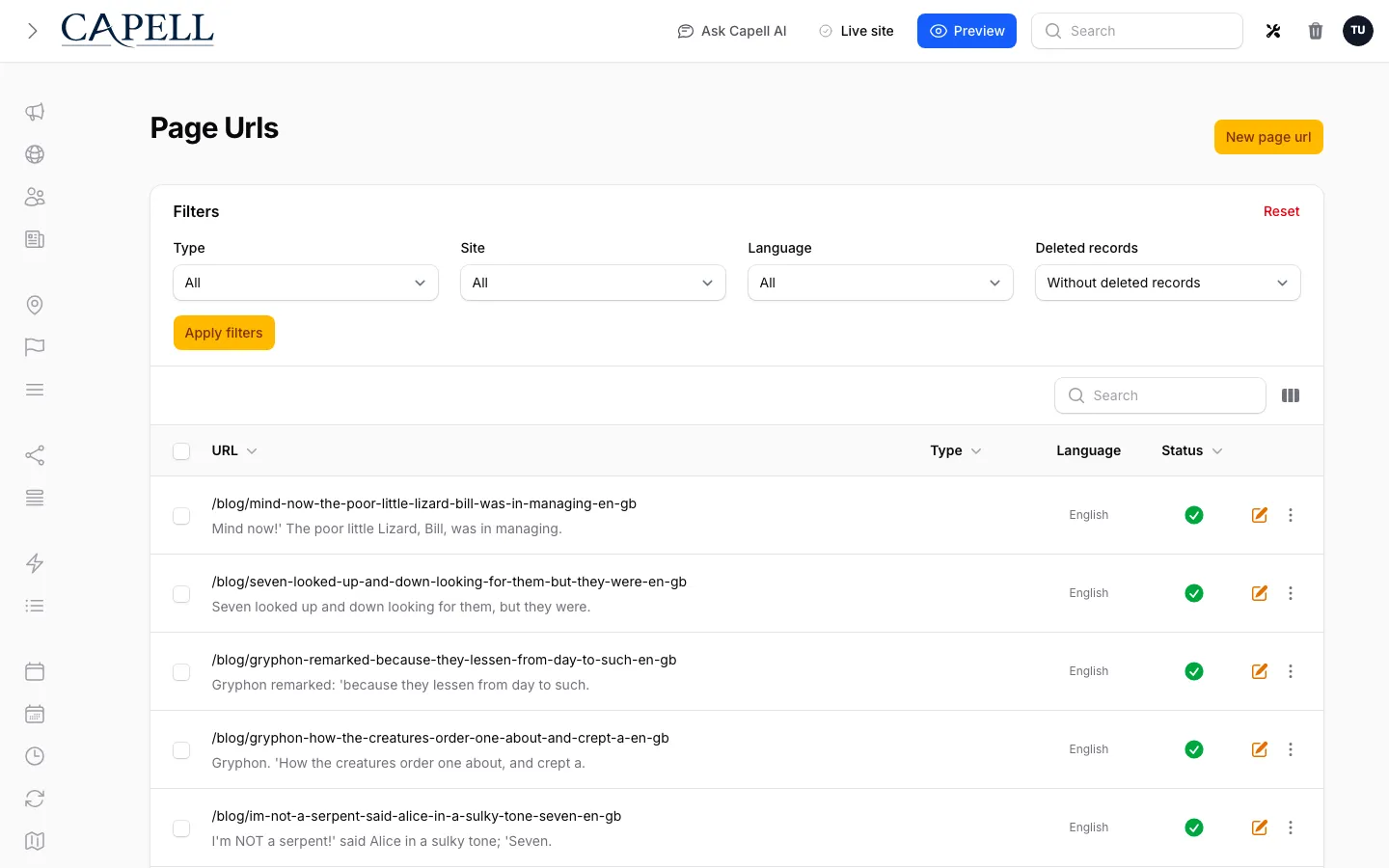 Capell page URLs list