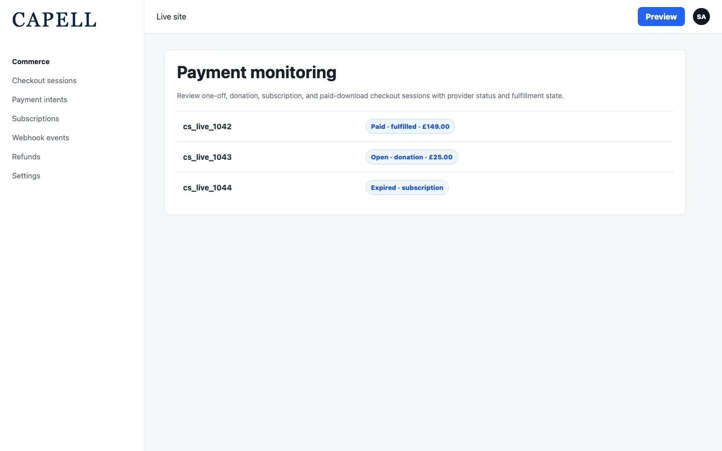 Payments checkout sessions