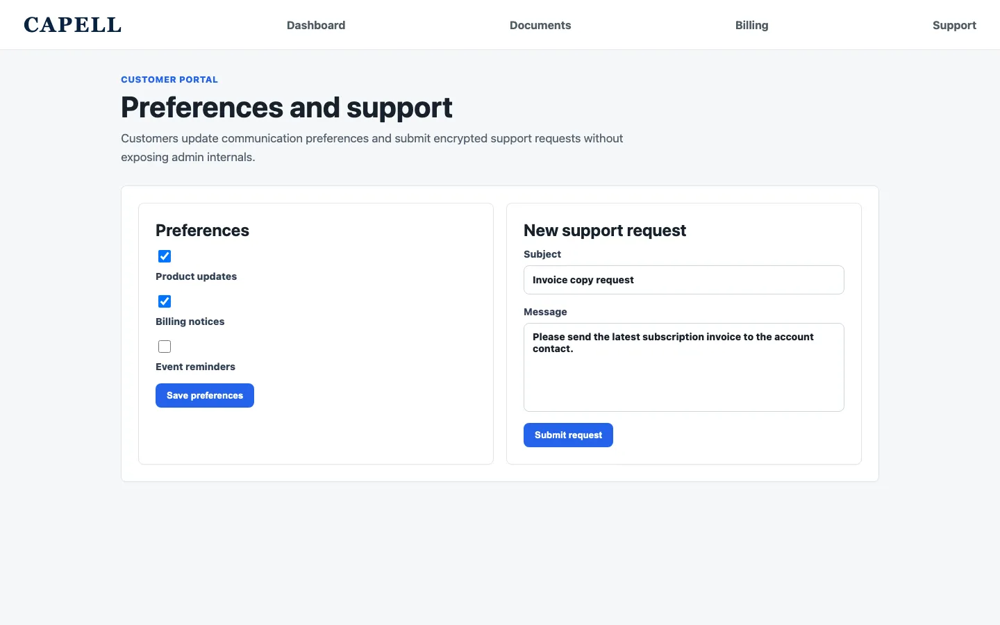Customer portal preferences and support form