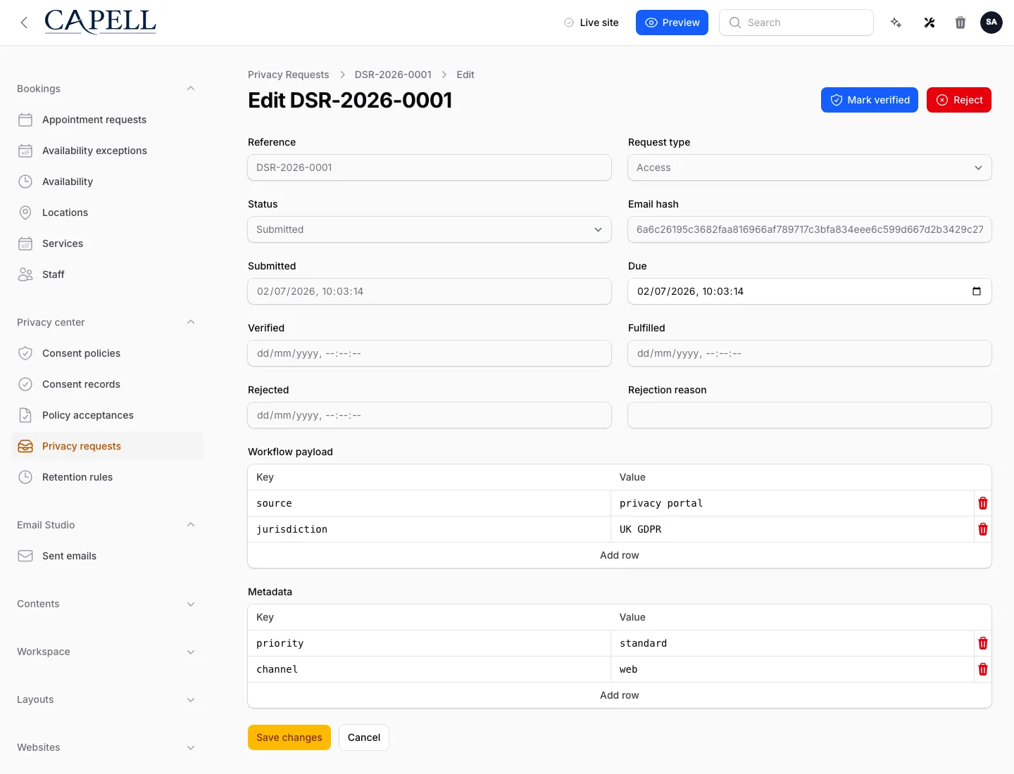 Privacy request workflow actions