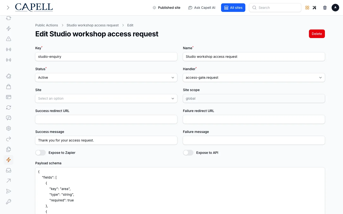 Public Action create/edit form