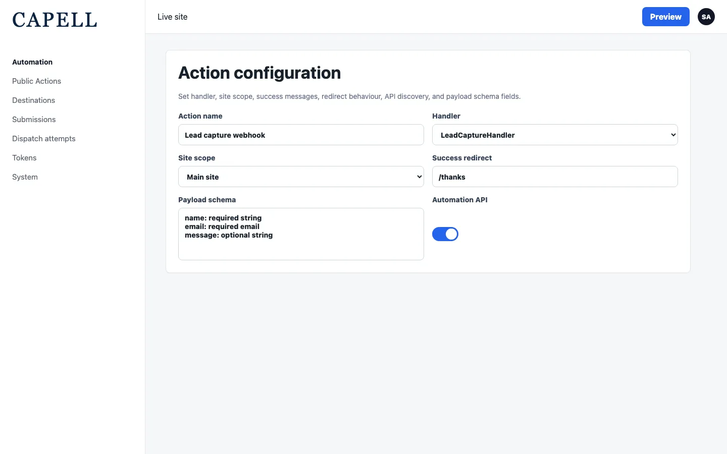 Public Action create/edit form
