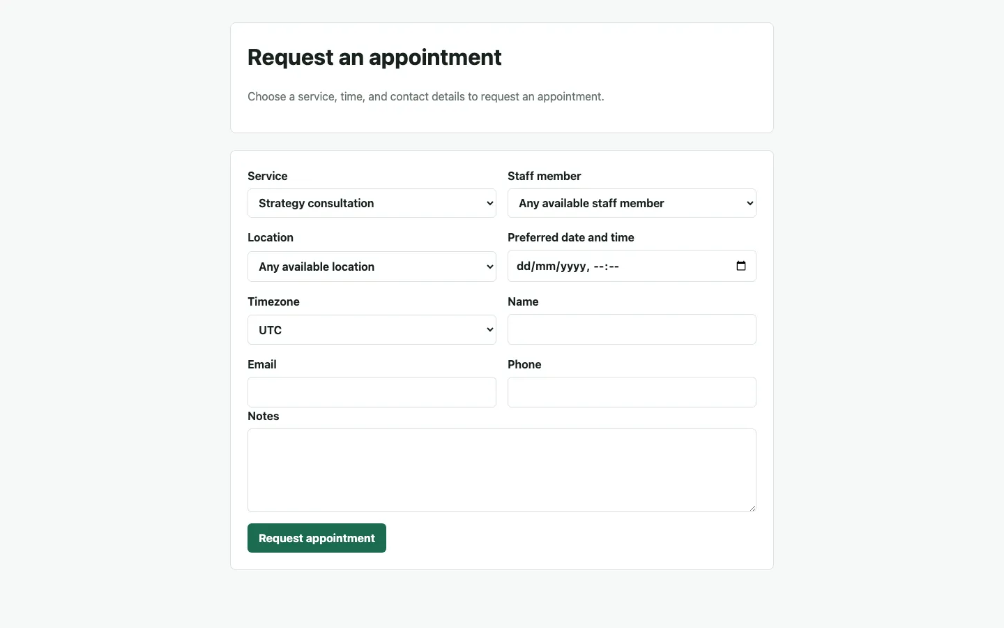 Public booking request form