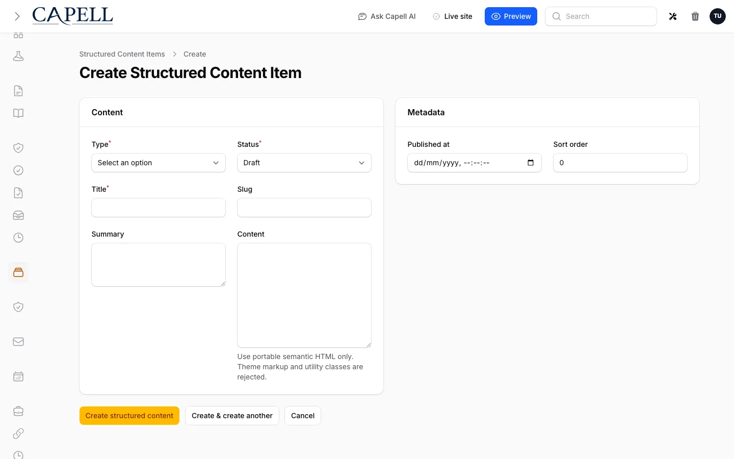 Structured content create form