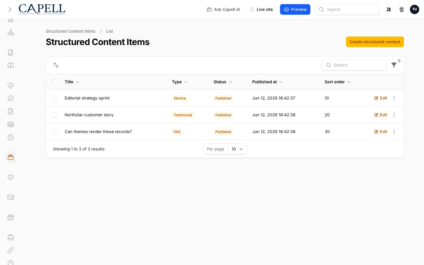 Structured content item list