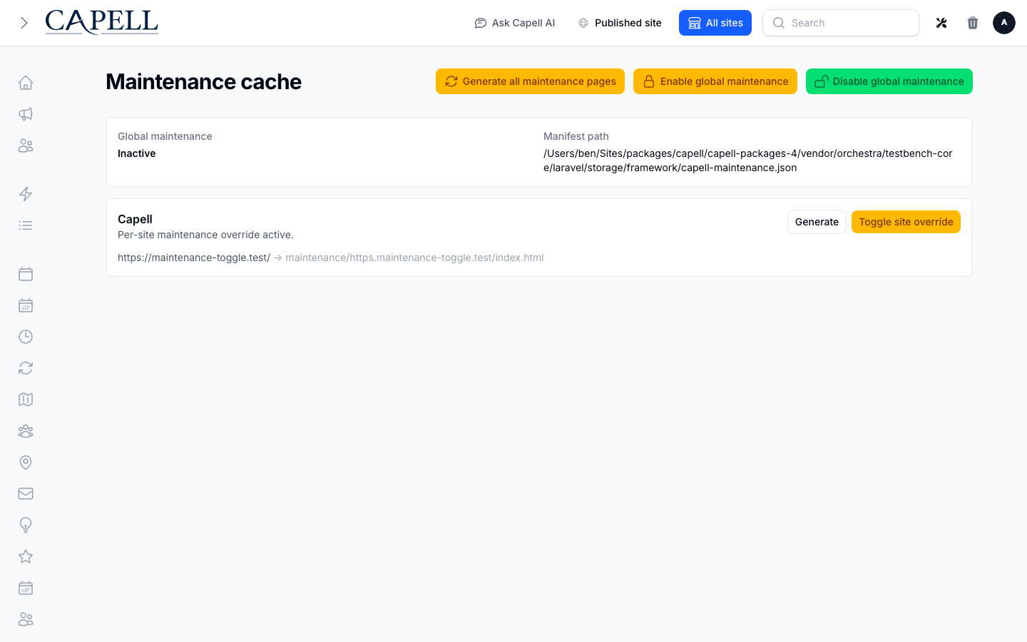 HTML Cache maintenance page showing global and per-site maintenance controls