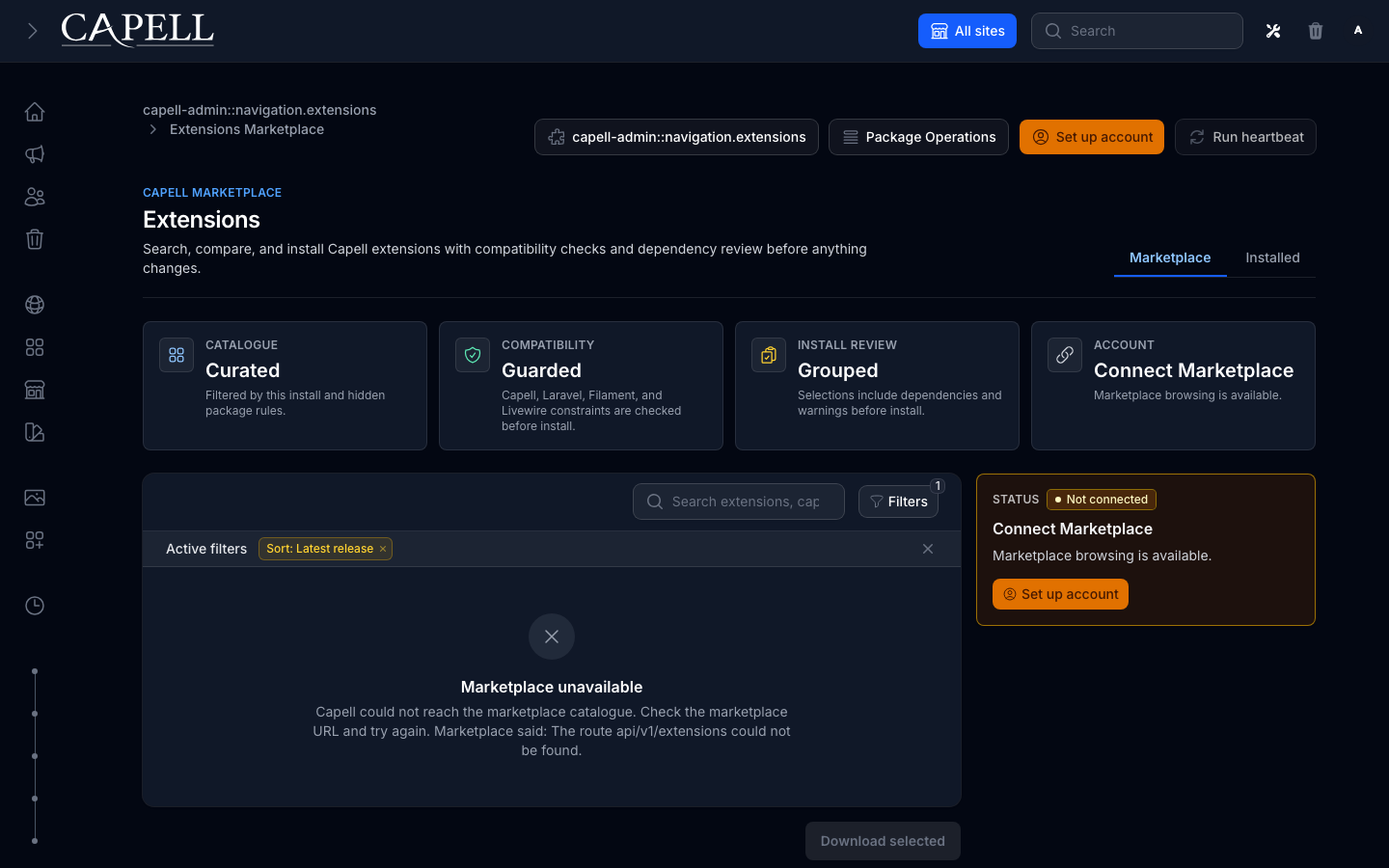 Marketplace catalogue listing installable extensions in Capell admin