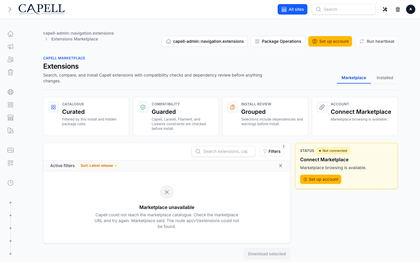 Marketplace catalogue listing installable extensions in Capell admin