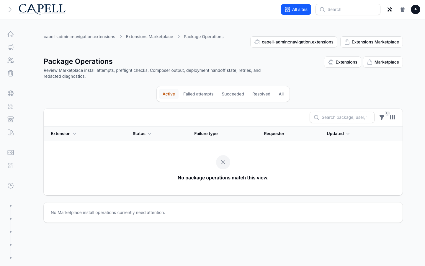 Package Operations timeline showing install attempts and their status