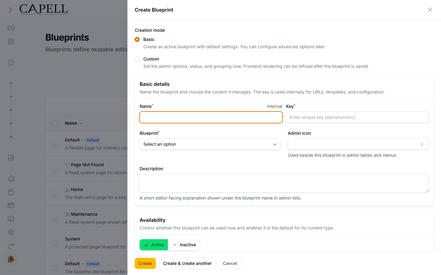 Create Blueprint form with basic and custom creation modes