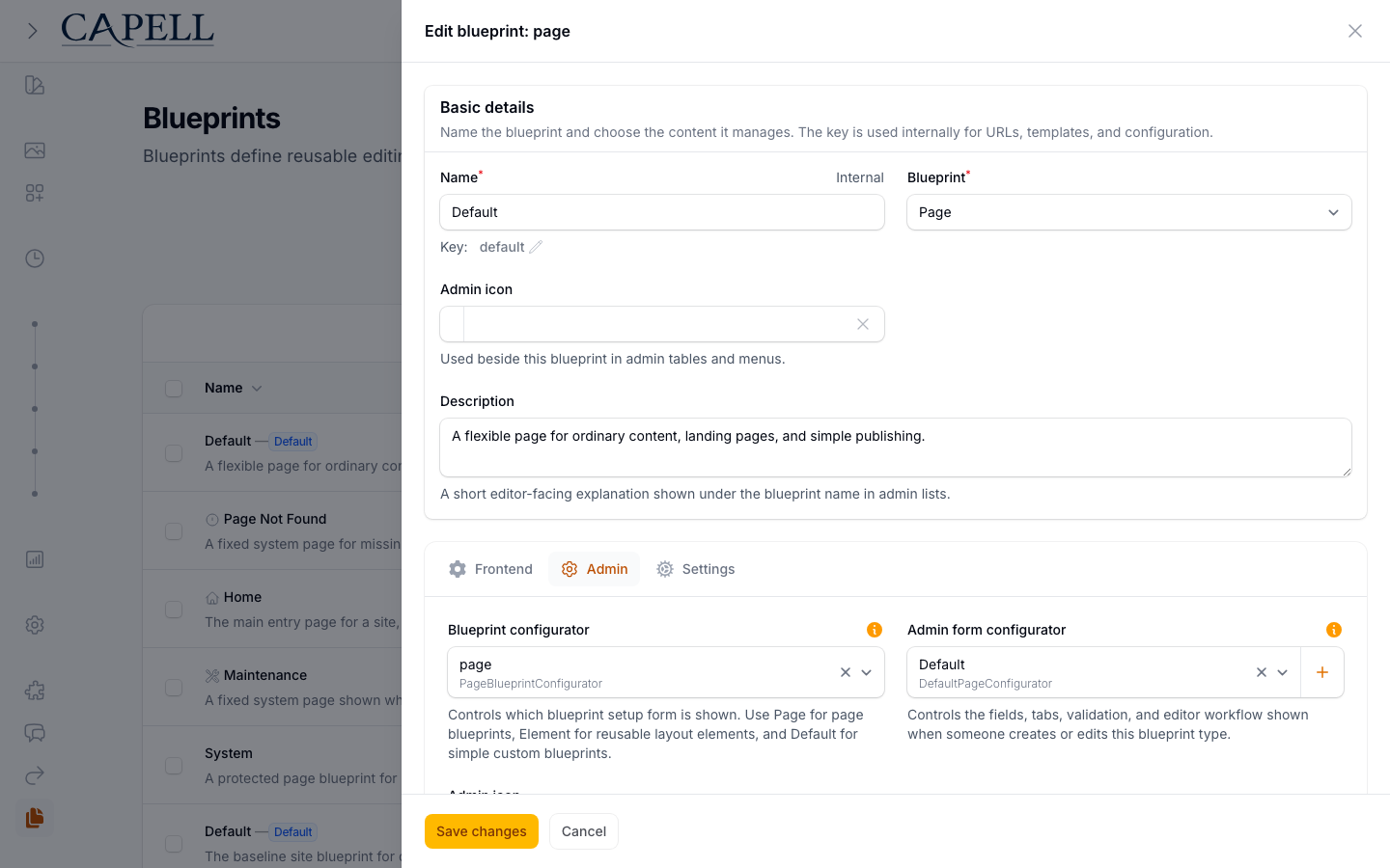 Page blueprint Admin tab with blueprint and form configurator controls