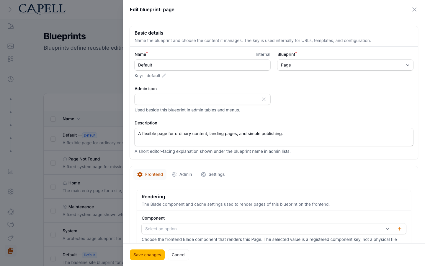 Page blueprint Frontend tab with rendering and cache controls