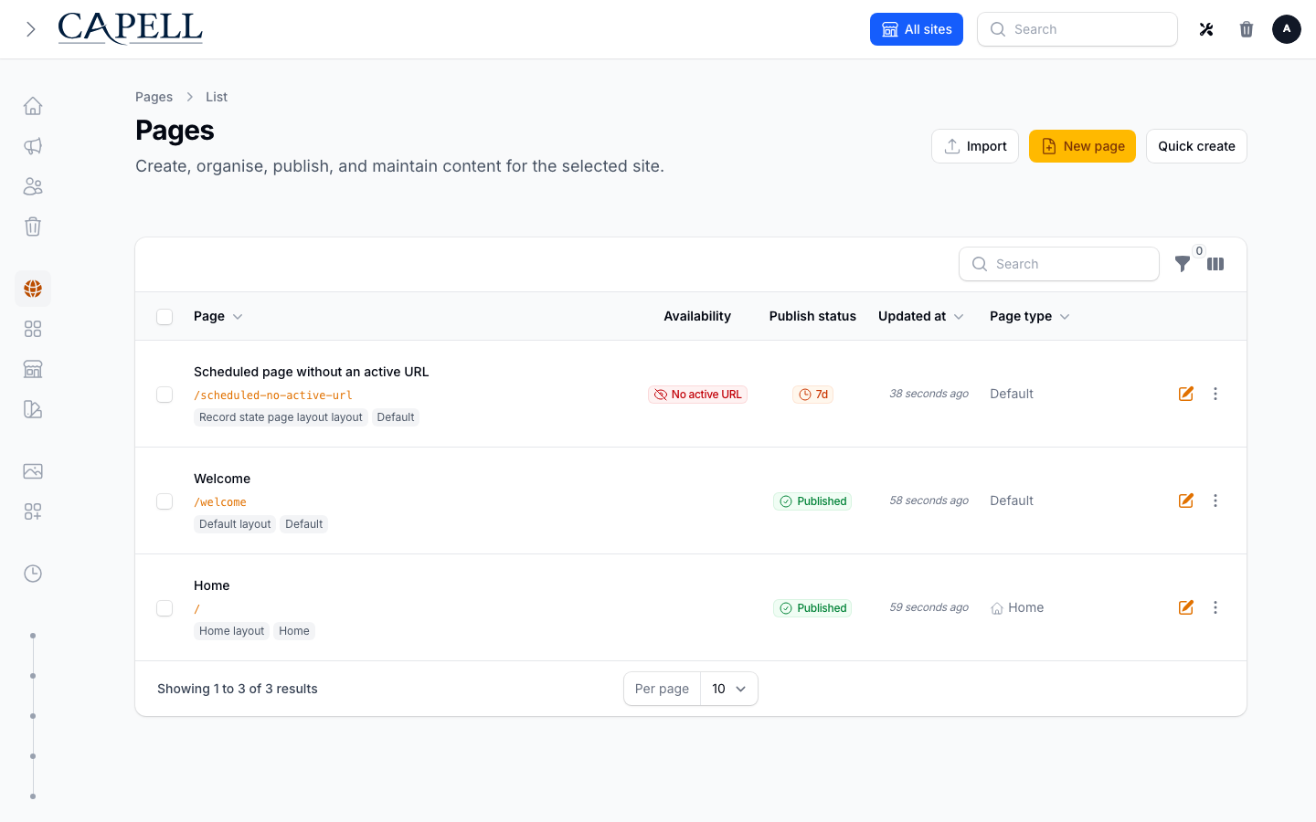 Pages list after a healthy install with page state and actions available