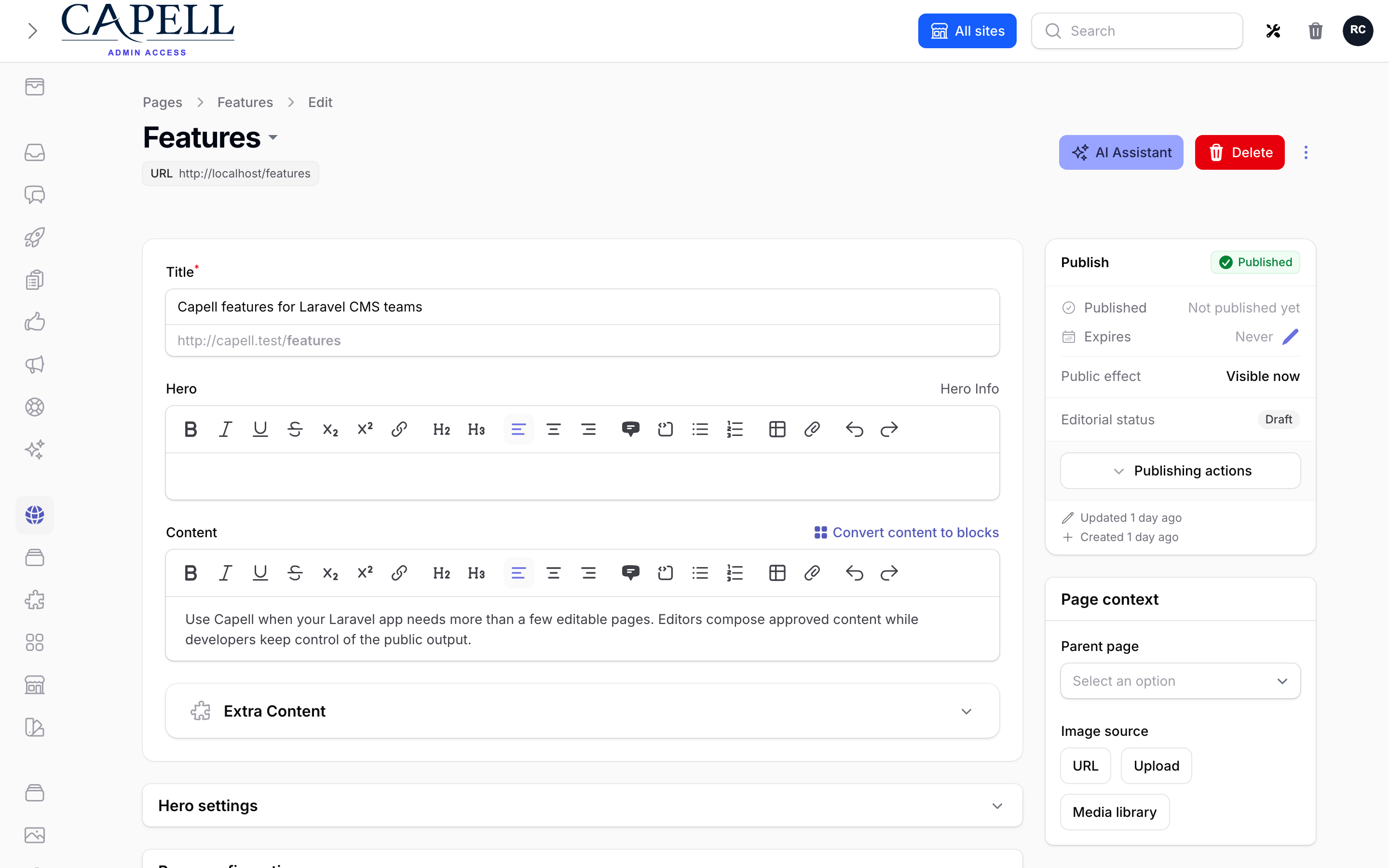 Capell page editor showing a real published page with its content, publishing state, and page context
