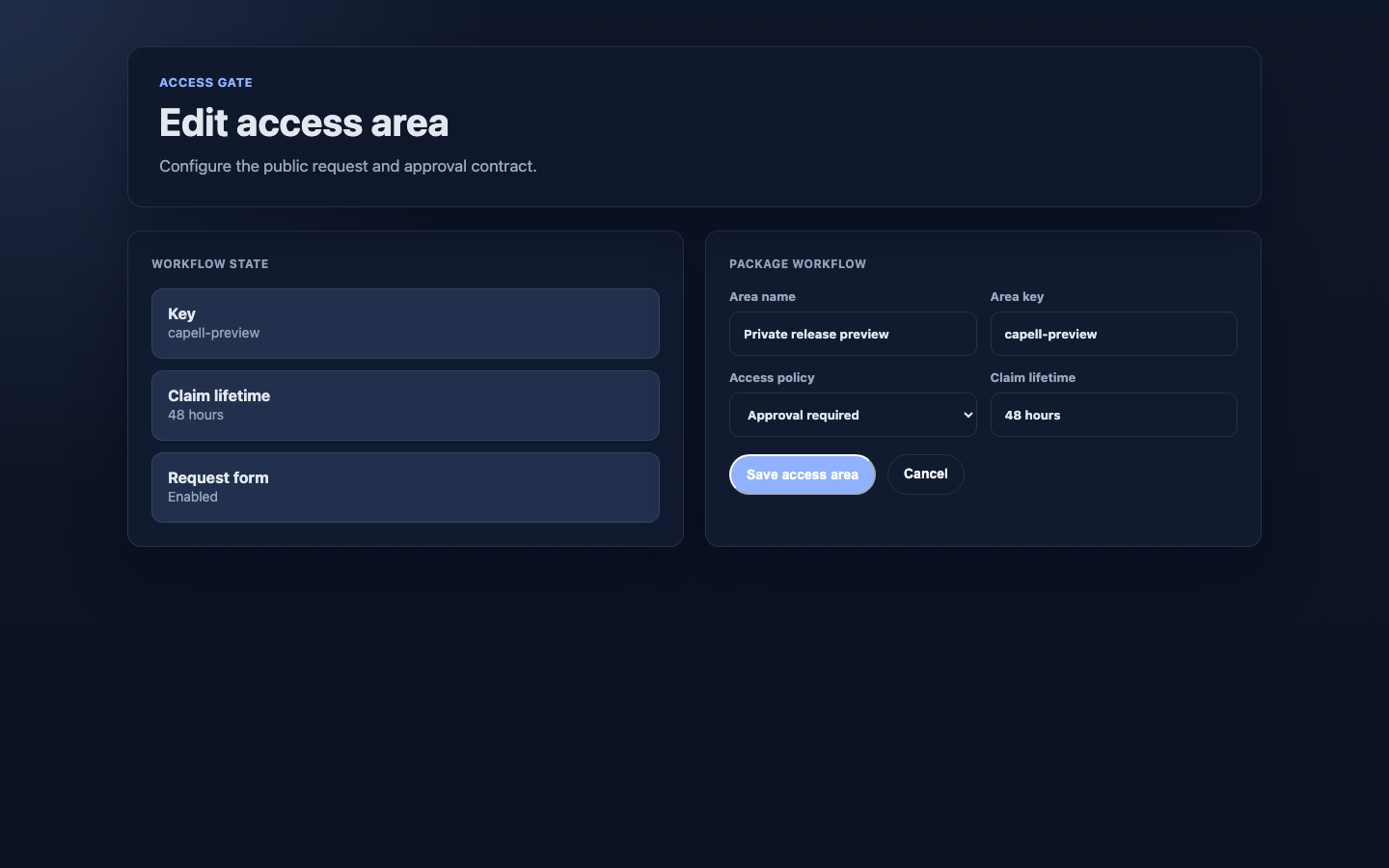 Illustrative access area create/edit form preview