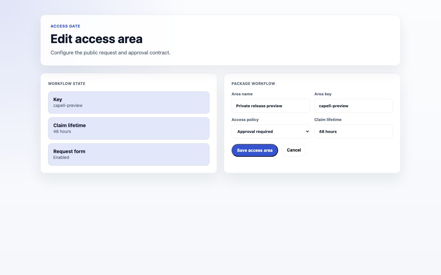 Illustrative access area create/edit form preview