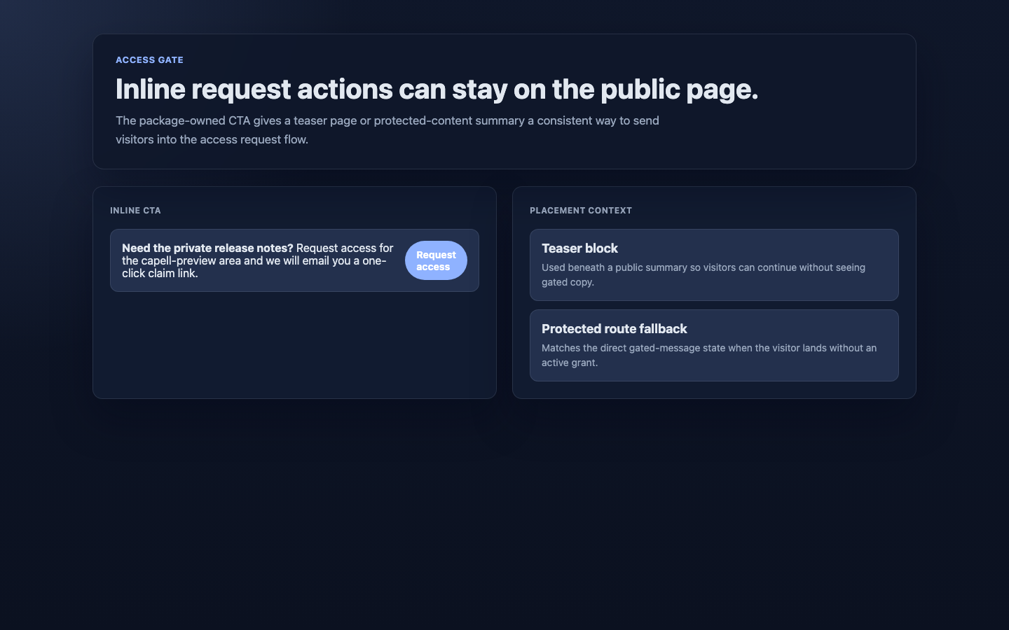 A visitor follows an inline request button from a protected page into the request flow.