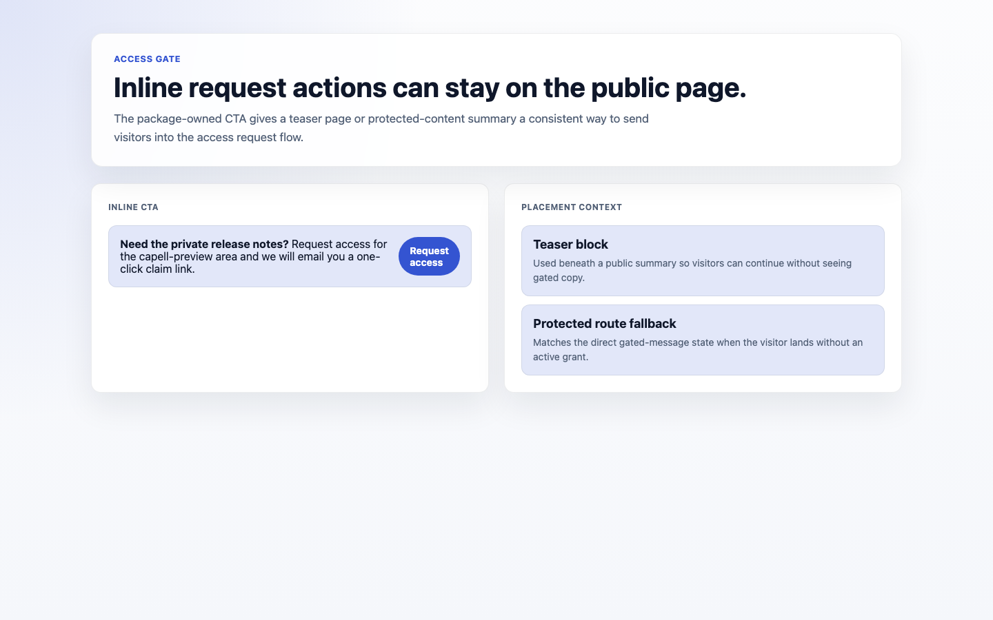 A visitor follows an inline request button from a protected page into the request flow.