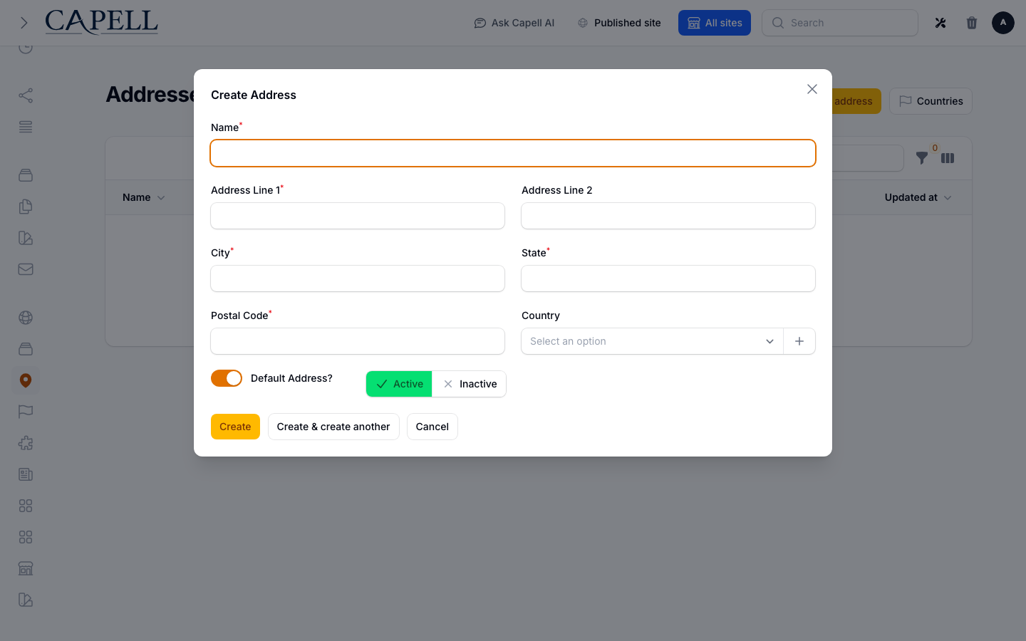 An administrator creates a structured address with country, street, city, region, and postal fields.