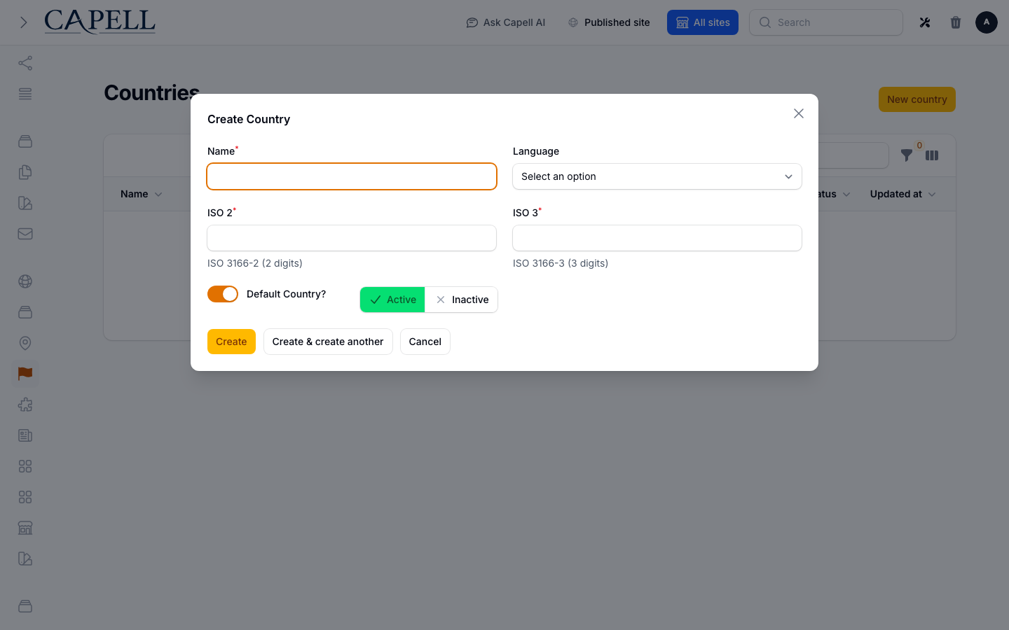 An administrator adds or corrects a country name and its ISO codes.