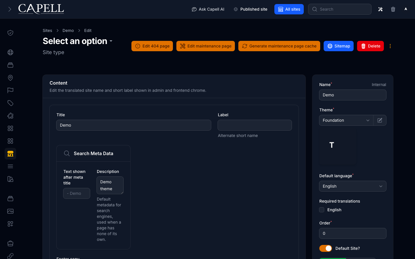 A site administrator selects reusable address data while editing site settings.