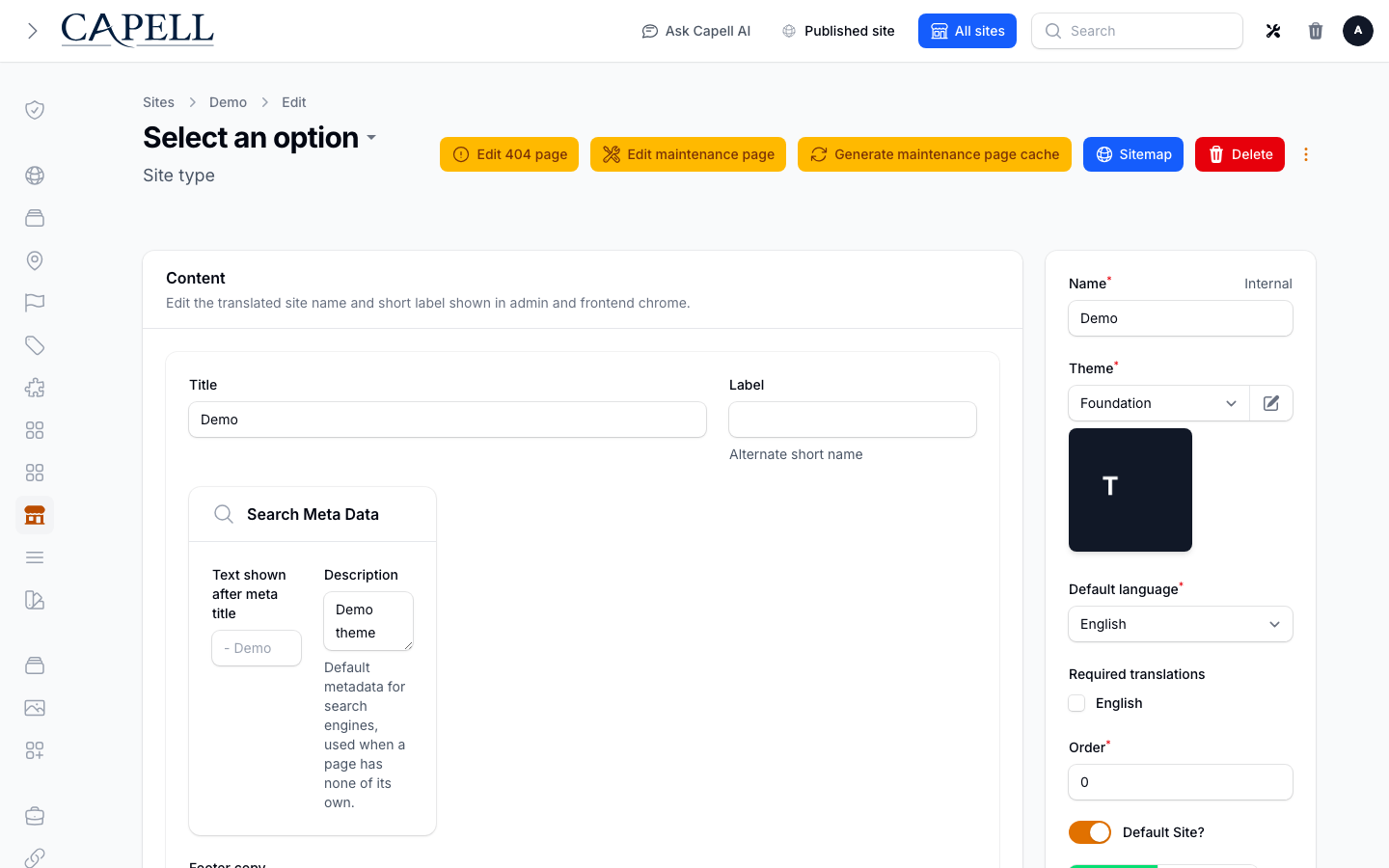 A site administrator selects reusable address data while editing site settings.