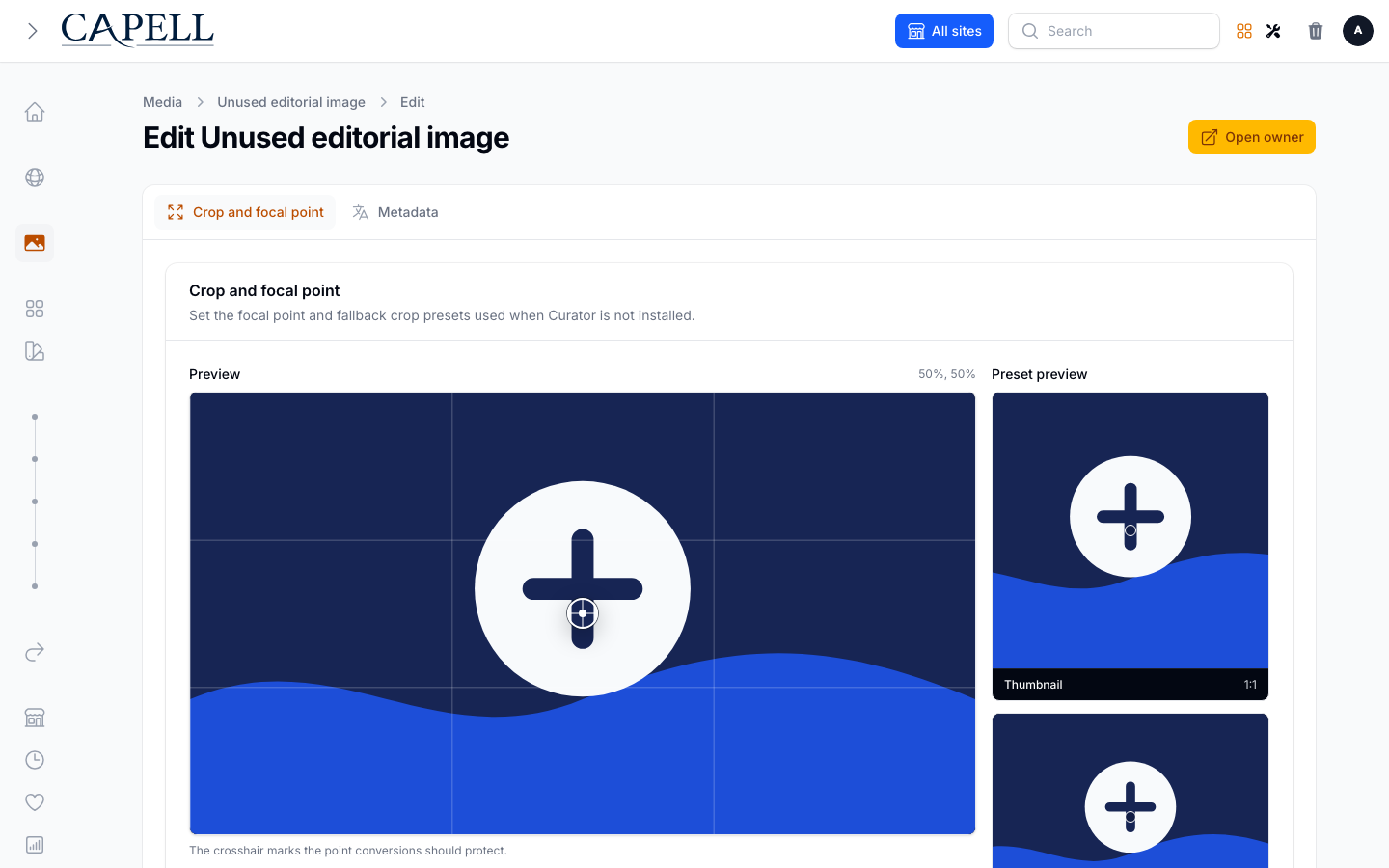 Media crop tab with the focal-point editor for supported backends