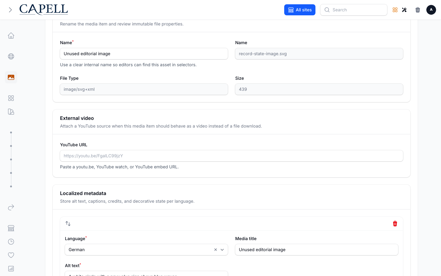 Example media metadata form with localized alt text, caption, credit, and decorative controls