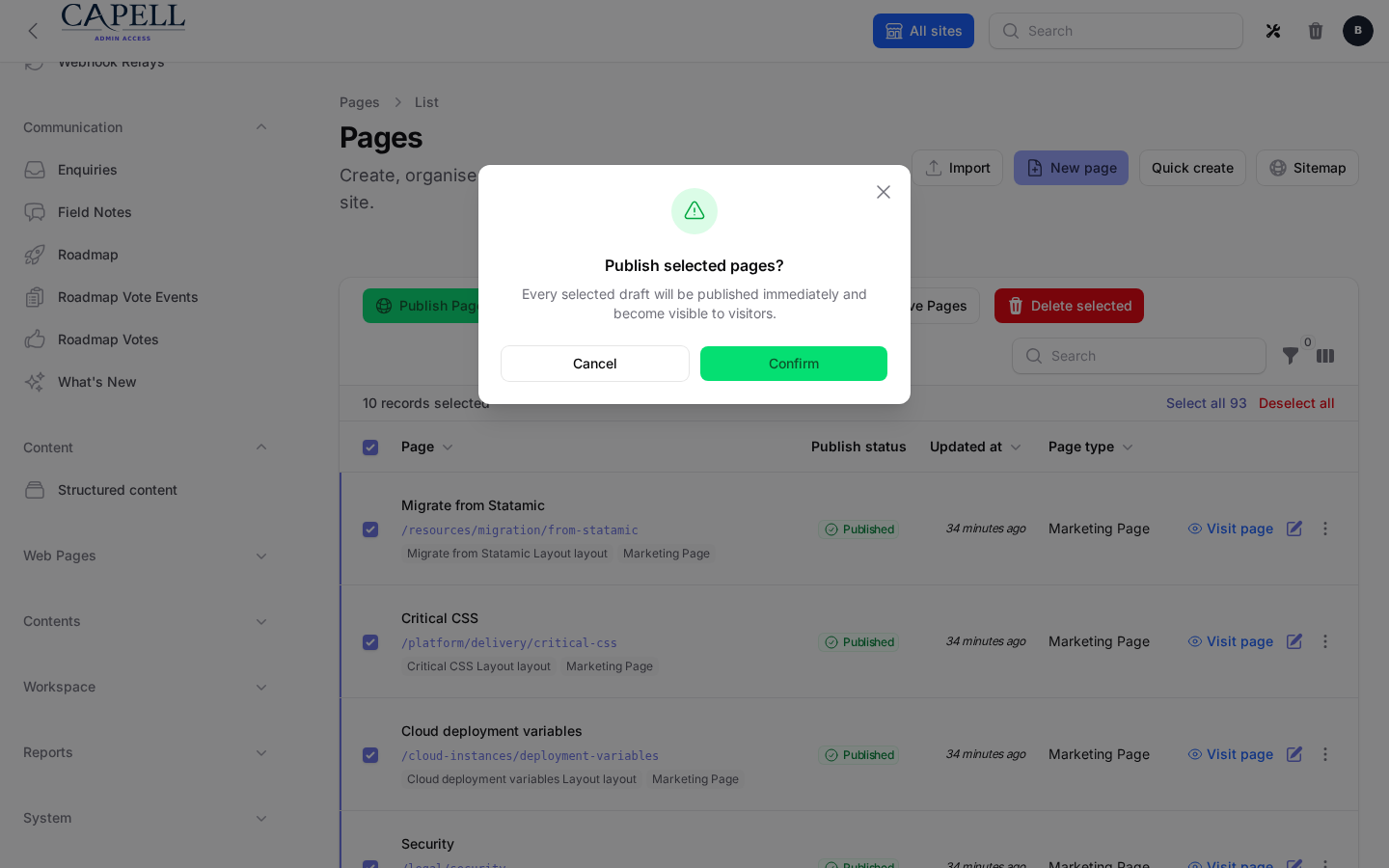 Bulk publish pages action