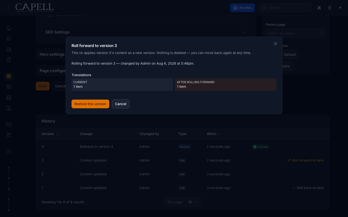 Page history rollback preview