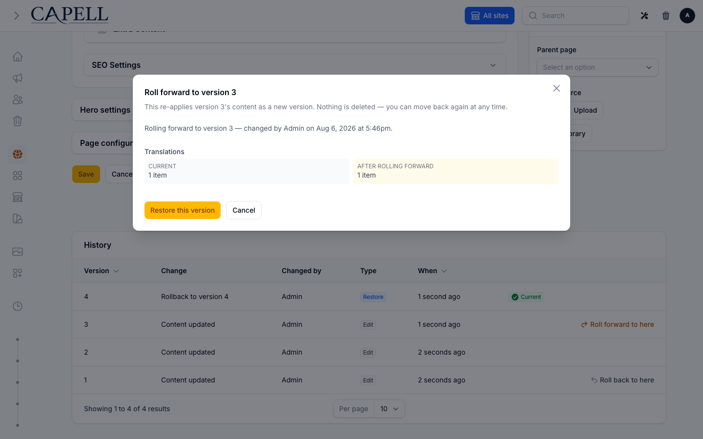 Page history rollback preview