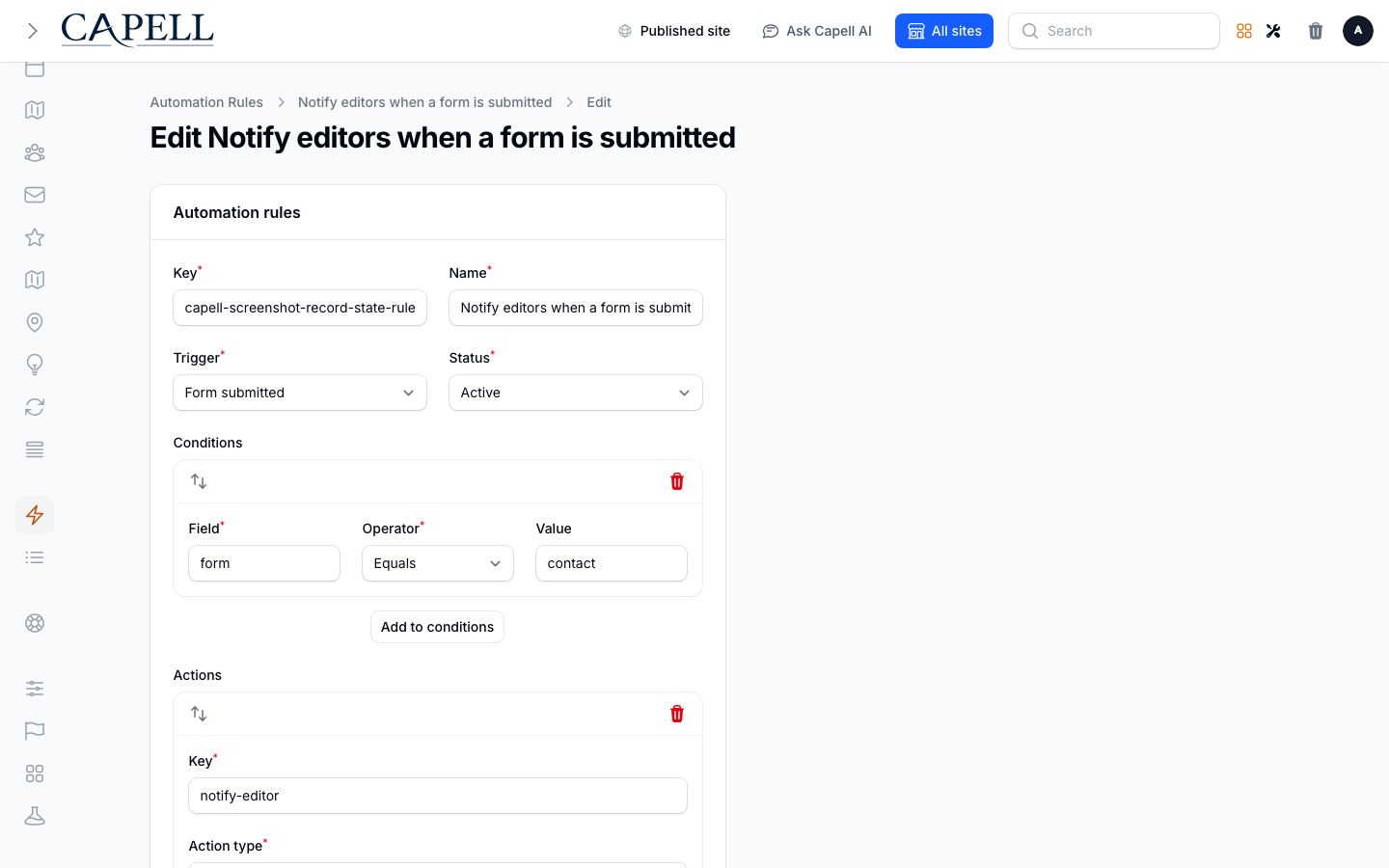 An operator edits trigger conditions, action payload, and execution status for a workflow.